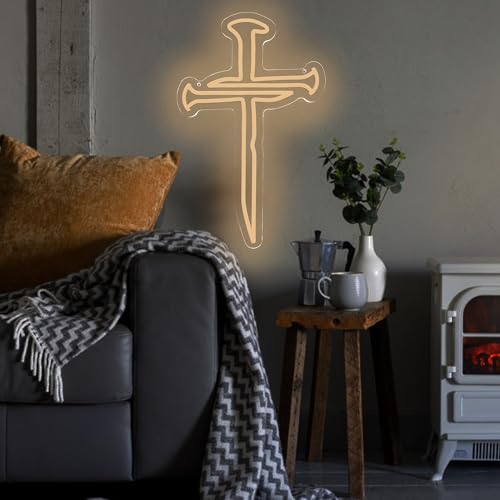 Image of Three Nails Led Cross Neon Sign for Wall Decor,Nails Jesus Light Up Cross Neon Lights for Home Decoration Room Decor, Christian Religious Events Easter Gifts for Church Room Bedroom Believers
