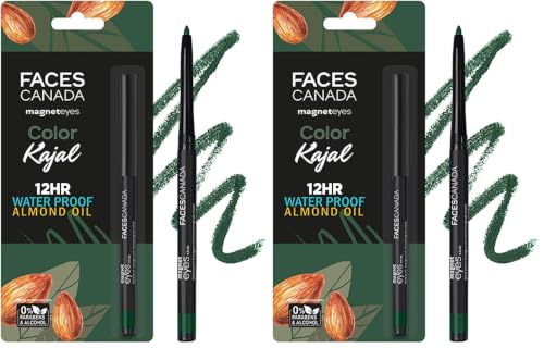Image of FACESCANADA Magneteyes Color Kajal Pencil - Green Appreciation 02, 0.30G|Highly Pigmented Kohl|12 Hr Long Stay|Matte Finish|Single Stroke Glide|Water Proof|Smudge Proof|Almond Oil Enriched (Pack of 2)