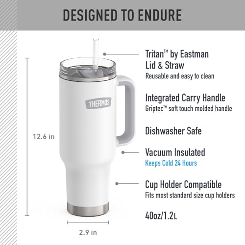 Image of THERMOS 40 oz Stainless Steel Cupholder Mug w /Straw - White