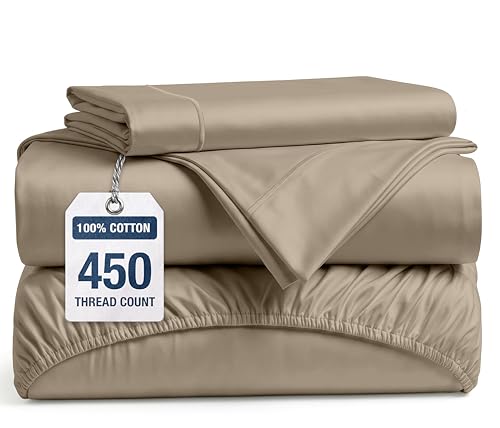 Image of LANE LINEN 100% Cotton Sheets Twin Size - 450 Thread Count Sateen Weave for Smooth Feel On Skin - Extra Soft & Breathable Twin Sheet Set for Single Beds - Fits Mattresses Upto 15'' Deep - Taupe