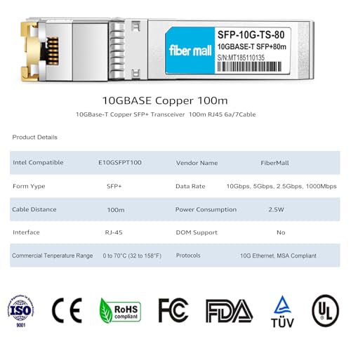 Image of fiber mall SFP to RJ45 10G 100m Transceiver Module for Intel E10GSFPT100 Compatible 10GBASE-T SFP+ Copper 100m RJ45 Cat6a /7