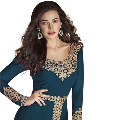 Image of Divine International Trading Co Women's Faux Georgette Semi Stitched Top with Santoon Fabric Bottom and Faux Georgette Dupatta Embroidered Front Slit Anarkali Dress