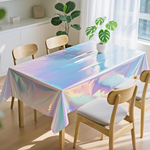 Image of 1 Pack Iridescent Tablecloth, 54 inch x 108 inch Birthday Party Table Cloths Iridescence Plastic Disposable Table Covers Iridescent Party Decorations, Birthday Decor Tablecloth for Buffet Table