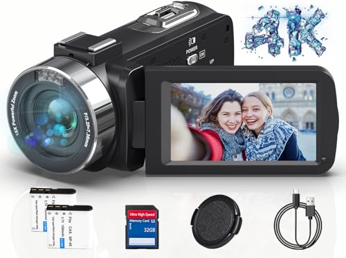 Caméscope 4K Caméra Vidéo HD 80MP 30FPS Vision Nocturne Infrarouge Zoom Numérique 18X Webcam...
