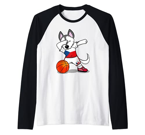 Dabbing Husky Dog Czech Republic Basketball Fans Jersey Flag Raglan Baseball Tee, Black