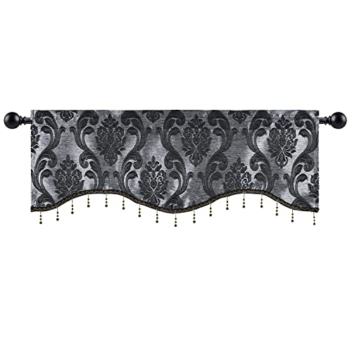 NAPEARL Scalloped Valance Curtains-Decoration Jacquard Swag Valance for Living Room Window, Rod Pocket Valance Tire for Kitchen, Small Windows (Black, 52W x 18L)