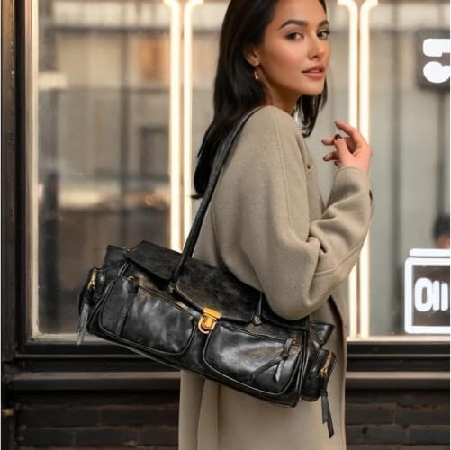 Image of Y2K Shoulder Bag for Women Retro Multi-Functional Large Capacity Tote with Multiple Pockets - Punk Hobo Handbag