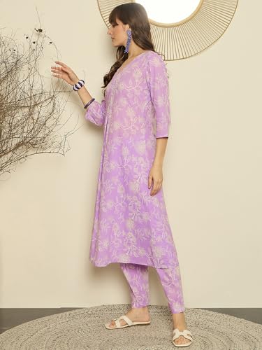 Image of INDO ERA Women Co Ord Set For Women Stylish | Pure Cotton Printed A-Line Kurta with Pant | Ethnic Wear for Women | Indian Casual Office Daily Summer Outfit, IESTR11879L | XS, S, M, L, XL, XXL | Purple
