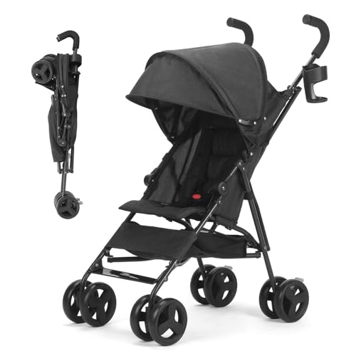 Lightweight Umbrella Stroller for 6–24 Months, Compact Fold Travel Stroller with Adjustable Canopy, Cup Holder & Storage Basket (Black)