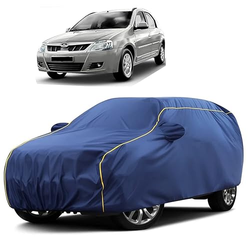 Image of Sulfar 100% Water Resistant Car Body Cover Compatible with Mirror for Mahindra Verito (Triple Stitched, Full Bottom Elastic, Blue Taffeta with Yellow Piping)