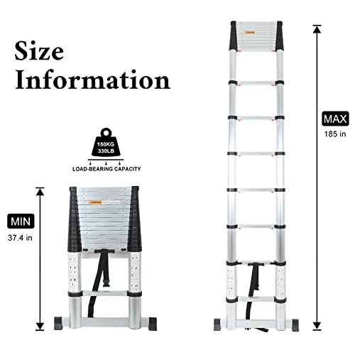 15.5Ft/4.7M Telescopic Ladder, Slow Down Design Multipurpose Collapsible Ladder Aluminum Alloy, 15.5Ft Ladders For Home Rv Telescopic Compact Ladder, Heavy Duty Weight Capacity 330Lbs #TOP3