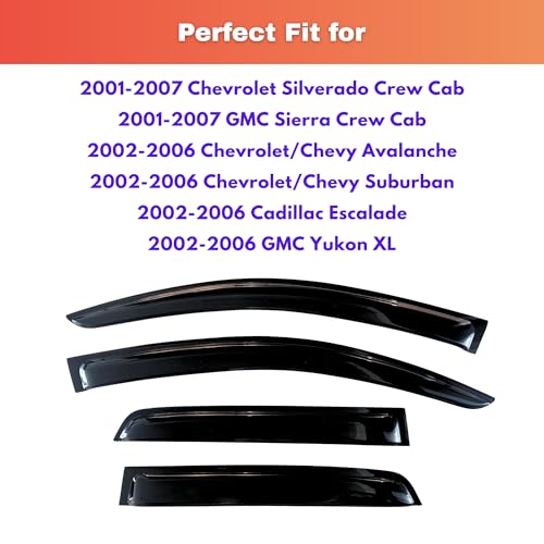 Image of KPY Rain Guards Fit for 2001-2007 Chevrolet Silverado /GMC Sierra Crew Cab, Out-Channel Window Visors Vent Deflectors, 2002-2006 Chevy Avalanche /Suburban /Cadillac Escalade EXT /GMC Yukon XL (Crew Cab)