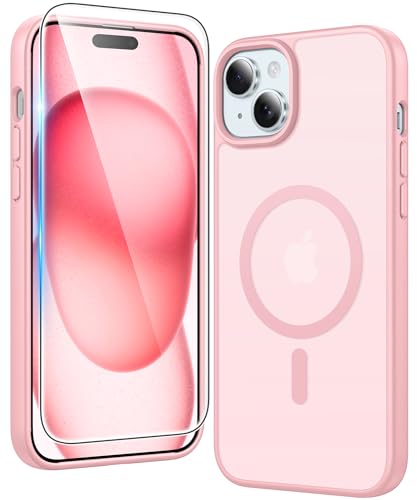 Image of FNTCASE for iPhone 15 Case Matte: iPhone 14 /13 Case Magnetic Phone Cases with Screen Protector Compatible with Magsafe Slim Anti Yellowing Rugged Protective Translucent Cell Cover (C-Pink)