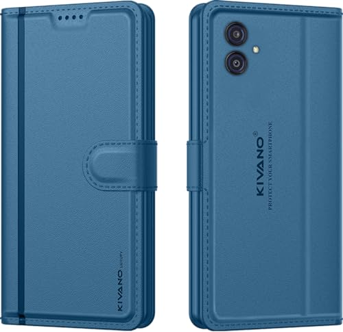 Image of KIVANO LUXE Compatible for Samsung Galaxy M04 / Samsung Galaxy F04 / Samsung A04e Luxury Handmade Leather Magnetic Flip Folio Case | Card Holder & Kickstand | Slim Protective Cover | Unisex - Blue