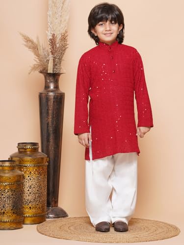 Image of AJ DEZINES Kids Cotton Full Sleeve Sequined Chikankari Red Kurta Pajama Set for Boys - Ethnic wear | Special Occasion & Party Outfit | Mandarin Collar Kurta for boys - Regular Fit