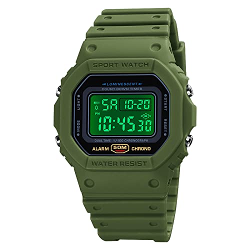 Nicoone Reloj Digital para Hombre, con Retroiluminación, Impermeable, Resistente a Los Golpes, con Alarma, Cronómetro, Cuenta Regresiva (Verde Militar + Blanco)
