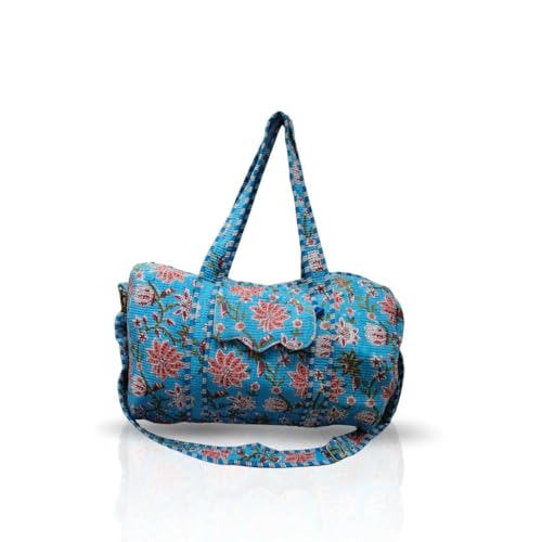 Quilted Floral Cotton Duffel Bag for Women, Handmade Lightweight Washable Large Travel Gym Bags with Pocket - Blue & Red