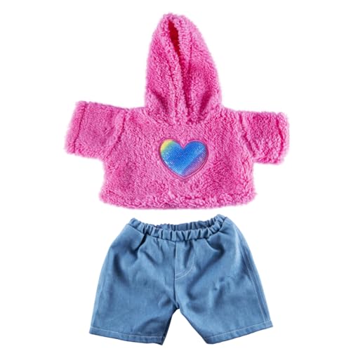 Splodge Teddy Parties - Kapuzenpullover mit pelzigem Herz und Jeans-Outfit - Teddybär-Kleidung - Größe: 40 cm, passend für Build a Bear, Rose
