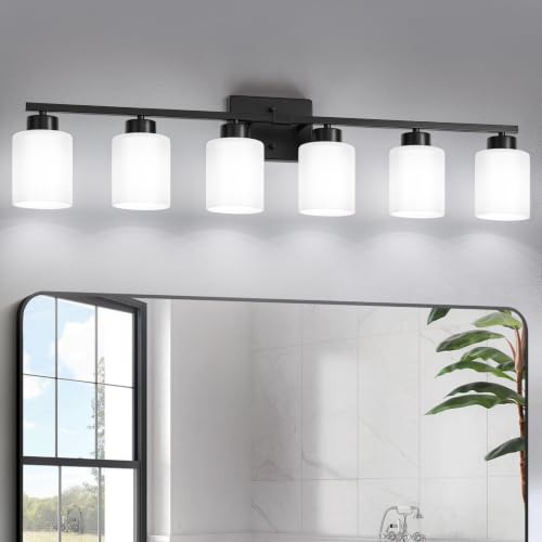 Image of FonmYim Black Bathroom Light Fixtures, 6-Light Modern Vanity Light Over Mirror, Wall Sconces with Milky White Frosted Glass Shades, E26 Socket (Bulbs Not Included)