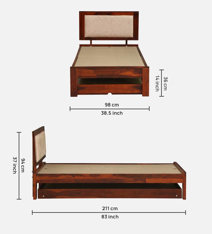 Image of Solid Sheesham Wood Pearl Single Size Trundle Bed with 1 Extra Pullout Bed | Wooden Single Bed Cot Palang Furniture for Bedroom Living Room Home and Hotel (Honey Oak Finish)