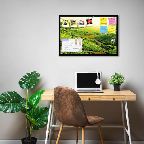 Image of ArtzFolio Tea Plantations, Munnar, Kerala | Bulletin Board Notice Pin Board | Vision Soft Board Combo with Thumb Push Pins & Sticky Notes | Black Frame | 36 x 24 inch (91 x 61 cms)