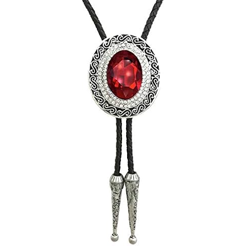 HAISWET Genunie Leather Native Western Red Rhinestone Statement Bolo Tie Silver Tone Cover