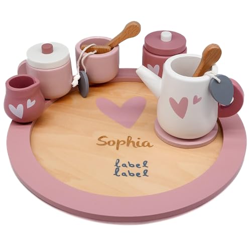 Gioco Da Tè In Legno Rosa Personalizzabile – Con Vassoio E Accessori, Gioco Di Ruolo Per La Cucina Giocattolo – Per Bambini A Partire Da 18 Mesi – Per