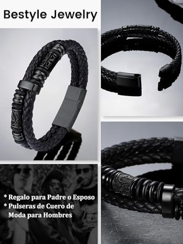 Miniatura 4 de Bestyle Pulsera Hombre Cuero Brujula Celta Vikinga 21cm Acero Inoxidable Cierre Magnetico Negro