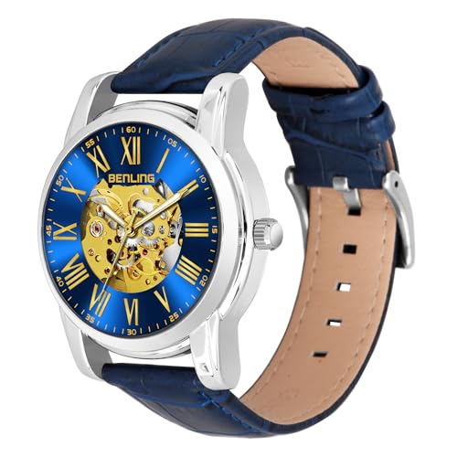 Image of Benling Skeleton Analog Automatic Watch for Men, Mechanical Movement, Leather Strap, Formal Casual Party Official Purpose
