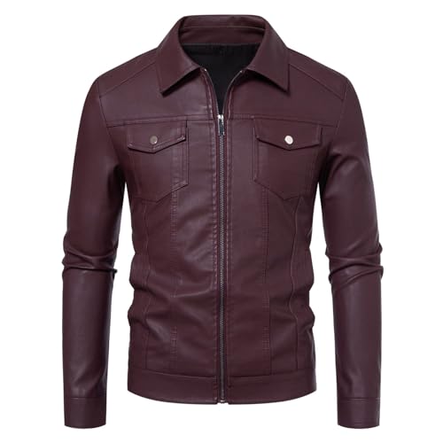 Generisch Chaqueta de cuero para hombre vintage: chaqueta de moto chaqueta de piel sintética de gran tamaño con cremallera, chaqueta de motorista con solapa, chaqueta bomber con muchos bolsillos