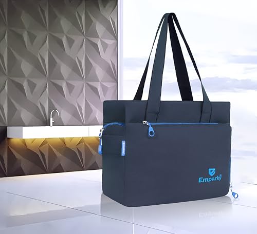 Image of Women Bag, Black with Turquoise Accents, Tote Bag with Multiple Zipper Pockets