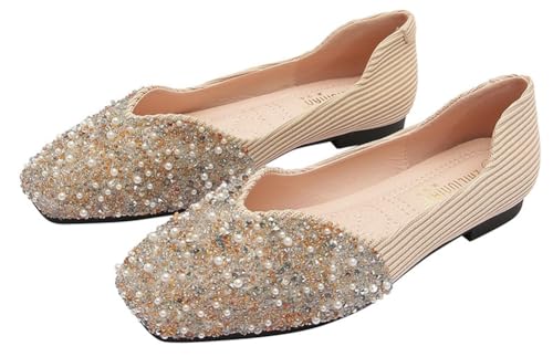 Rhinestone Flats Shoes for Women Square Toe Mary Jane Ballet Flats Shiny Pumps Wedding Dress Shoes Memory Foam