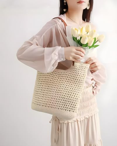 Bolso de playa tejido a ganchillo de paja, bolso tote bohemio con forro impermeable para vacaciones de verano, viajes y uso casual, bolso ligero de hombro miniatura 2