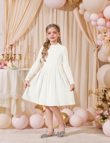 Image of Arshiner Girls Dresses Long Sleeve A Line Knit Sweater Dress with Pockets
