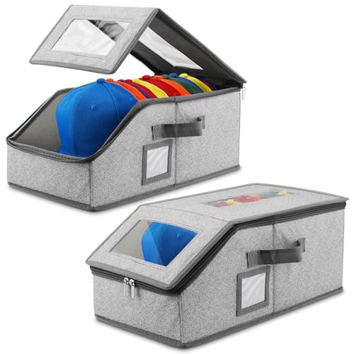Xixter Stackable Hat Organizer for Baseball Caps- 2 PCS Featuring a Transparent Viewing Window, Hat Organizer for Closet, Holds up to 30 Caps, with Cardboard Inserts,Light Grey
