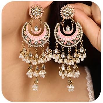 Missgrace Bohemian Indian Red Blue Rhinestone Dangle Teardrop Tassel Moon Long Earrings for Women Vintage Retro Chandelier Faux Pearls Earrings Beaded Crystal Jhumka Jhumki Tassel Studs Traditional Earrings for Women