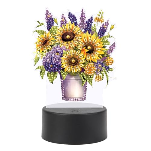 SHEGZHUC Lámpara de mesita de noche con diseño de girasoles en jarrón LED, lámpara de mesa, lámpara de noche, enchufe USB, lámpara LED, mosaico, pintura de diamantes, flores, arte, regalo, adornos,