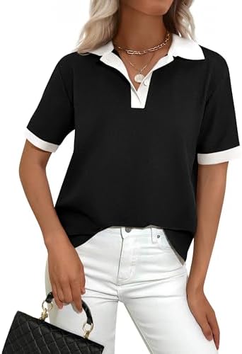 PRETTYGARDEN Summer Short Sleeve Polo Shirts for Women Collared V Neck Work Dressy Tops Knit Loose Business Casual Outfits