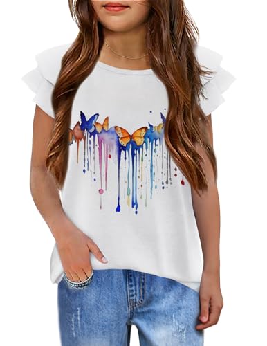 Image of Girls T Shirts Ruffle Short Sleeve Round Neck Loose Blouse Summer Solid Color Casual Girl Tee Tops for 3-12 Years
