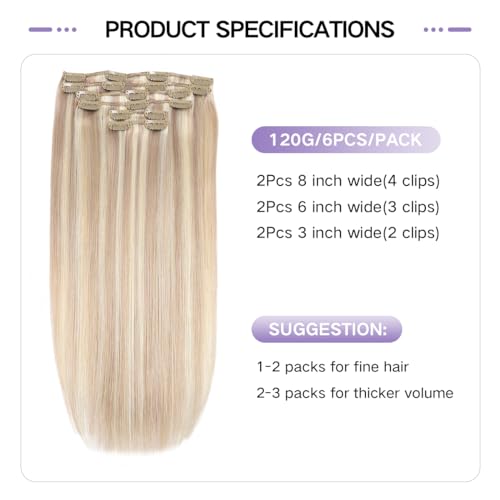 Sindra Hair Extensions Real Human Hair Clip ins 22Inch Highlighted Bleach Blonde Ash Blonde Clip in Hair Extensions Remy For Woman 120G 6Pcs #18p613 22" - Image 2