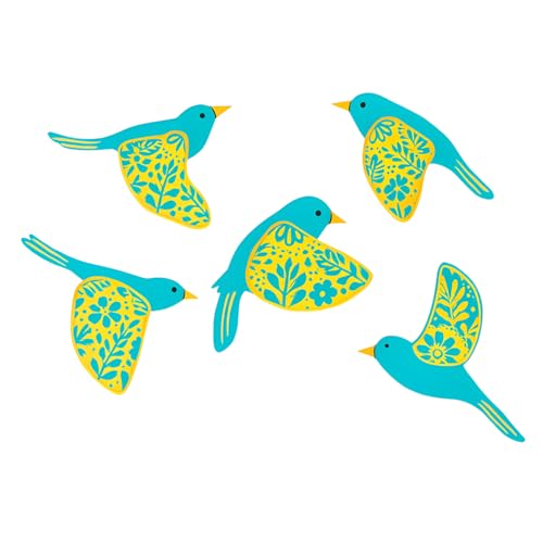 Image of GiftOday Wooden 3D 5 Pieces Birds for Wall Art Panel | Wood Bird Folk Art Wall Hanging Art Decoration Item for Living Room, Bedroom, Drawing Room, Dining Room & Office (Aqua) Pack of 1