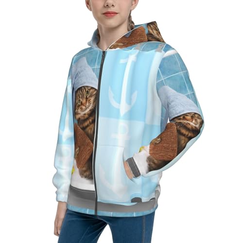 Funny Cat Taking a Bath Kids Pullover Hoodies Boys Zip Up Sweatshirts Girls Athletic Clothes with Pocket