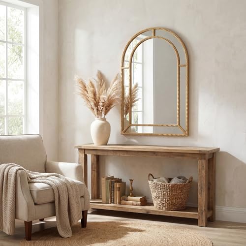 CHARMAID Gold Arched Wall Mirror with Beaded Frame, 36\"x24\" Decorative Vanity Mirror for Bathroom, Bedroom, Living Room, Entryway, Antique Accent Wall Mounted Mirror Decor