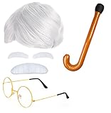Beefunny Old Man Wig and Glasses Grandpa Costume Accessories Inflatable Walking Cane 100th Day of School Starter Kit (White)