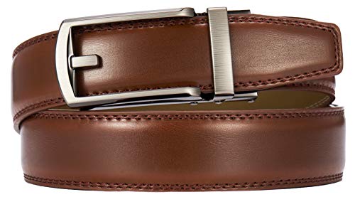 Image of Chaoren Leather Ratchet Belt 2 Pack Dress with Click Sliding Buckle 1 3 /8 inch in Gift Set Box - Adjustable Trim to Fit