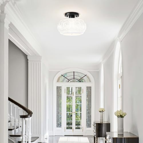 Image of Semi Flush Mount Ceiling Light, Milk Glass Shade Modern Ceiling Light Fixture, Vintage Black Lighting for Hallway Bedroom Entryway Kitchen Porch (Pack of 2)