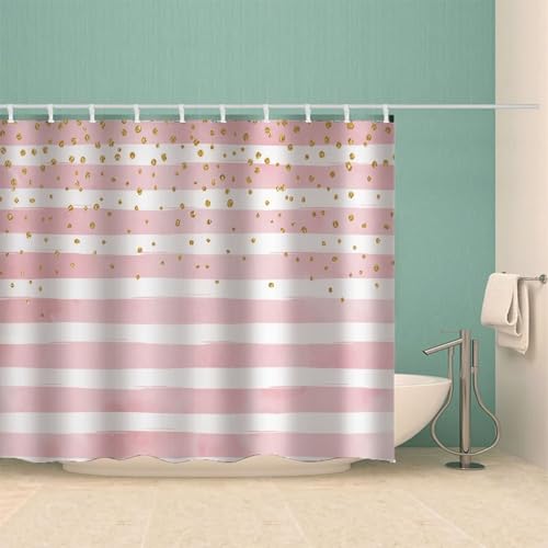 Rideau de douche blanc rose à rayures en polyester imperméable - 4