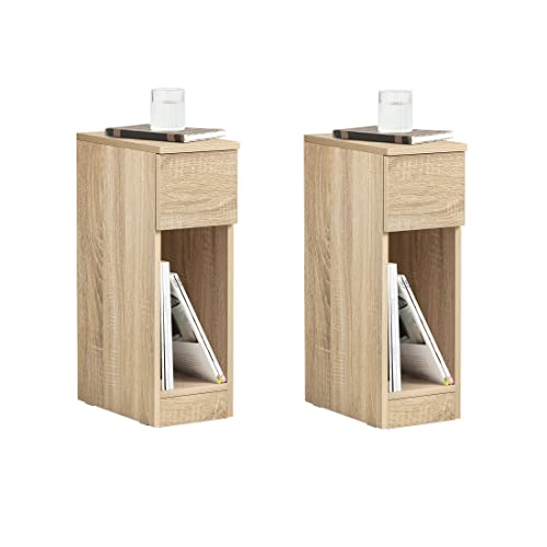 SoBuy Set de 2 Mesita de Noche Estrecha con cajón y Estante Mesa Auxiliar mesilla de Noche para Dormitorio y Sala de Estar Natural Ancho 35 x Profundidad 20 x Alto 60 cm FBT111-Nx2