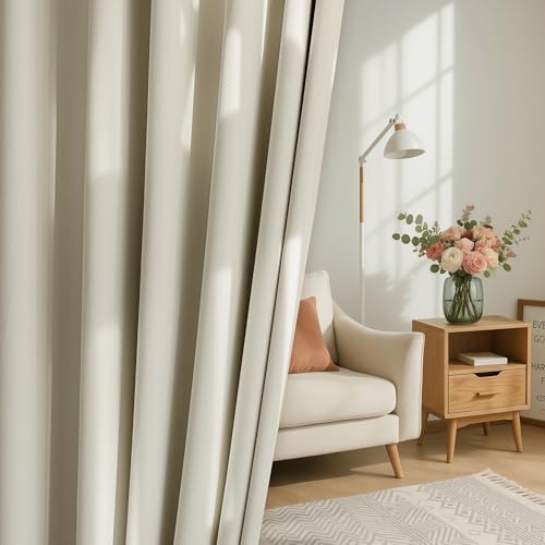 Image of FMFUNCTEX 100% Beige Blackout Curtains for Bedroom, Cream Weave Textured Curtains 54 Inch Length Thermal Insulated Curtains for Living Room, Farmhouse Drapes Grommet Room Darkening 2 Panels