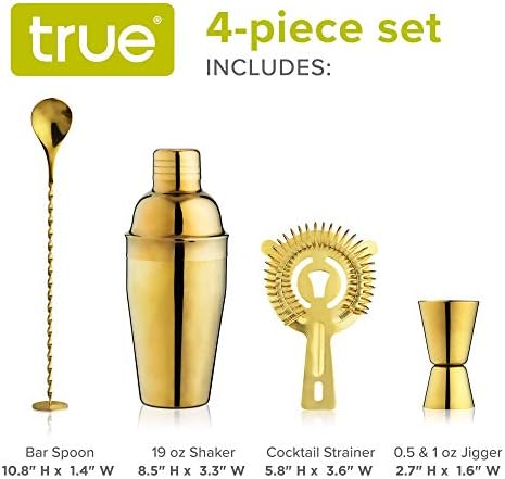 True 4-Piece Cocktail Shaker Set Includes Cobbler Shaker, Strainer, Jigger, Bar Spoon for Classic Cocktails, Mixed Drinks, Cold Brew, Home Bar Tools, Bartender Gifts, Bar Cart Accessories, Gold - Thumbnail 4
